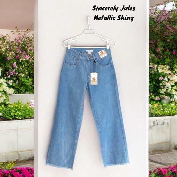 Sincerely Jules NWT Wide Leg Shimmer Sparkling Metallic  Blue Jeans Sm& Md - Picture 2 of 12